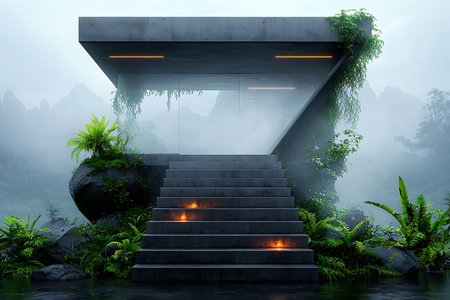 A stunning modern architectural piece set in a misty landscape, featuring an inviting staircase leading to a serene environment surrounded by lush greenery.の写真素材