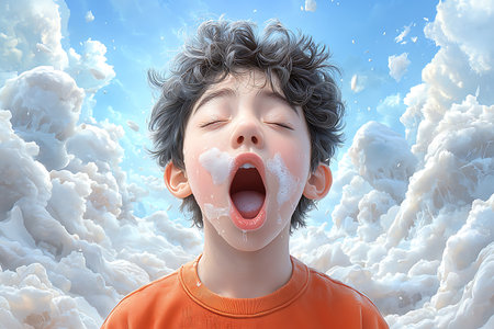 A joyful boy with a messy face savors his ice cream under a bright blue sky filled with fluffy clouds. This vibrant scene captures the essence of childhood bliss.の写真素材