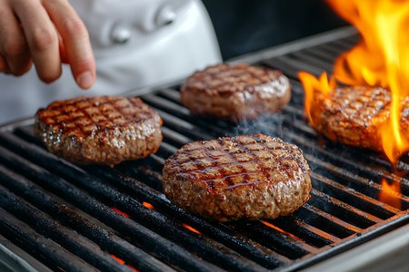 A chef expertly grills juicy beef burgers over a charcoal barbecue grill, showcasing flames and smoke in a lively outdoor cooking scene.の写真素材
