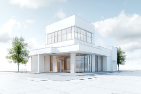 A stunning modern minimalist building featuring large windows and a clear blue sky. The design...