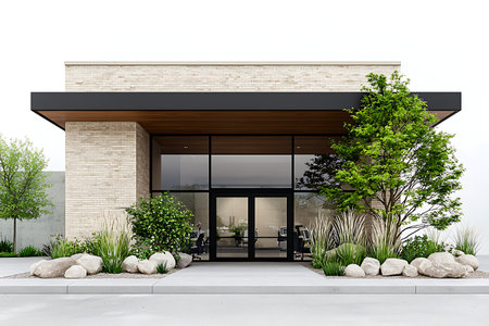 A striking modern commercial building showcasing a sleek design with large glass windows, complemented by stylish landscaping and natural elements.の写真素材