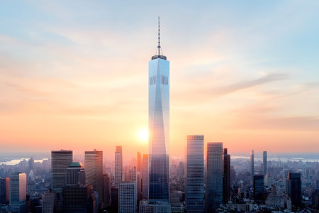 Captivating view of Manhattan skyline at sunset featuring One World Trade Center against a colorful...