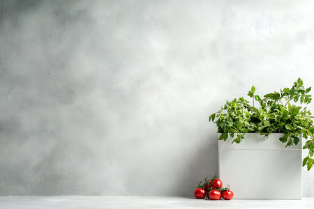 A fresh arrangement featuring herbs and cherry tomatoes in a white box against a textured gray backdrop. Perfect for culinary or lifestyle themes.の写真素材