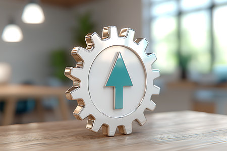 A modern metallic gear symbol features an upward arrow, symbolizing growth and innovation in a bright office environment, evoking productivity and inspiration.の写真素材