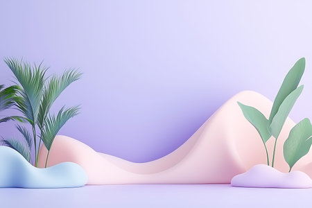 This image features an abstract pastel landscape with soft hills and stylized plants. The serene purple background creates a tranquil, modern vibe perfect for artistic projects.の写真素材
