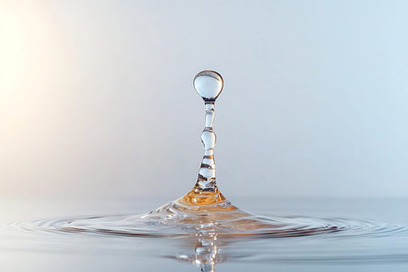 A stunning close-up of a single water drop creating elegant ripples on a calm surface. The soothing background light enhances the beauty and freshness of this natural phenomenon.の写真素材