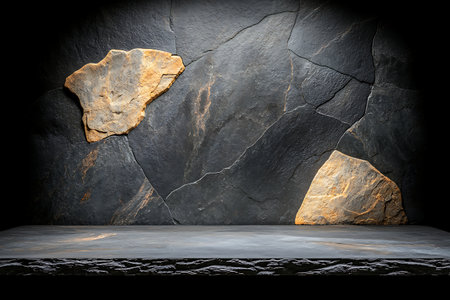 A striking dark stone background featuring unique rock shapes. Ideal for design and photography projects, this textured surface adds elegance and depth to any concept.の写真素材