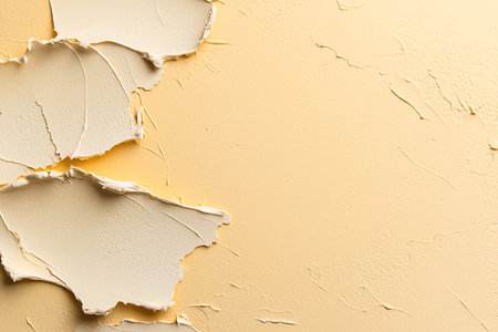 Close-up of peeling paint showcasing intricate textures and subtle yellow tones, ideal for artistic...