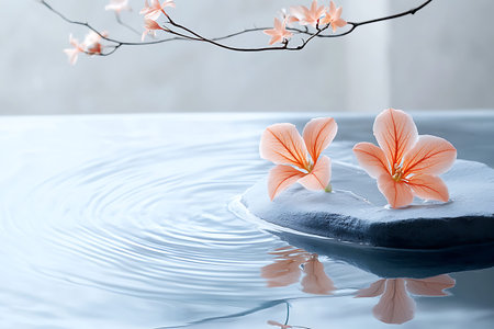 A serene and tranquil scene showcasing delicate pink flowers gracefully floating on a calm water surface, reflecting their beauty in soft ripples.の写真素材