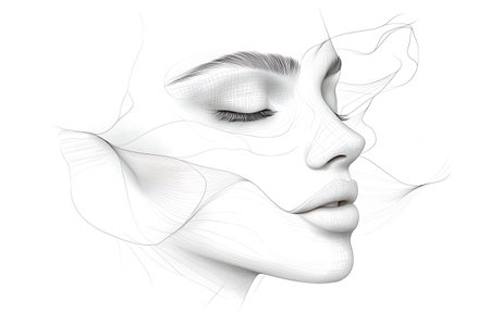This captivating abstract portrait features a woman's face in minimalist design with flowing lines, evoking beauty and elegance in a serene manner.の写真素材