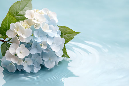 A beautiful arrangement of soft blue and white hydrangea blooms rests gently on a serene water surface, creating a tranquil and elegant atmosphere.の写真素材
