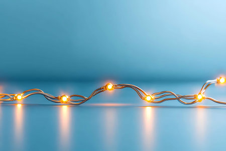 This image showcases a warm yellow decorative light string against a soft blue background. The...