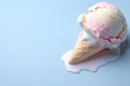 A vibrant ice cream cone featuring pink and yellow flavors melts onto a blue surface, creating an...