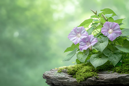Captivating scene featuring delicate purple flowers on a moss-covered log, set against a soft green background. Nature's beauty in bloom.の写真素材