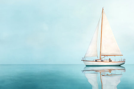 A beautifully crafted white sailboat rests gracefully on calm waters, reflecting the soft blue sky, evoking a sense of tranquility and freedom.の写真素材