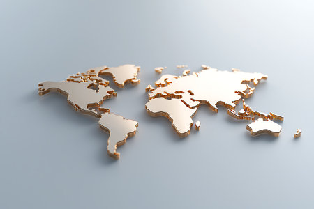 Elegant 3D rendering of a golden world map on a light gray surface, ideal for travel themes and modern design projects. Perfect for marketing and decoration.の写真素材