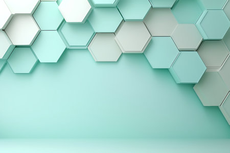 This image features a modern hexagon pattern set against a mint background, perfect for inspiring stylish interior designs and creative projects.の写真素材