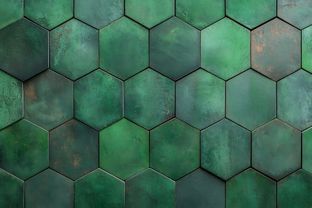 This image features vibrant green hexagonal tiles in a modern geometric pattern, ideal for various interior design projects, enhancing any space with elegance.の写真素材