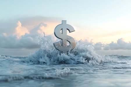 A striking dollar sign emerges from ocean waves, symbolizing financial success against a serene sunset backdrop. Ideal for business and nature themes.の写真素材