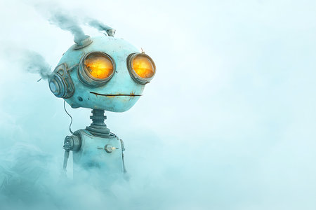 A whimsical robot character stands amidst swirling mist, with glowing eyes and steam billowing from its head, evoking a sense of wonder and creativity.の写真素材