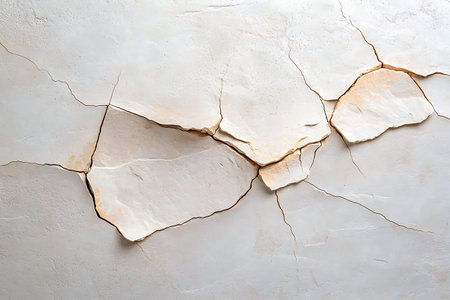 A detailed view of a cracked wall surface showcasing a pale color palette and natural patterns,...