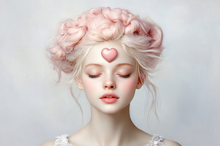 A dreamy portrait featuring a young woman with soft pink hair and a heart accent on her forehead. The gentle colors create a serene and calming atmosphere, perfect for artistic projects.の写真素材