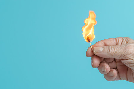 A hand holds a burning match against a vibrant blue background, illustrating themes of ignition, energy, and warmth. Ideal for visual storytelling.の写真素材