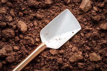 A shovel positioned on brown soil shows the potential for gardening or landscaping. The image...
