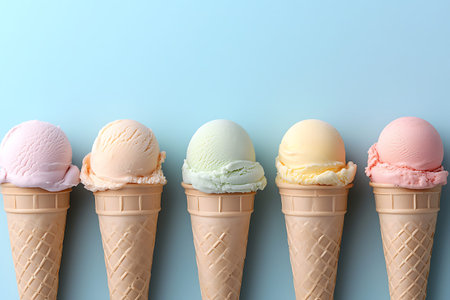 An array of colorful ice cream scoops nestled in waffle cones, set against a soft blue background....