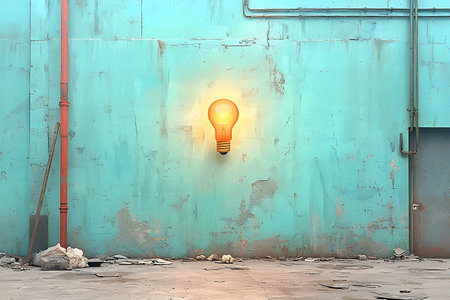 A captivating lightbulb shines against a peeling blue wall, creating a striking contrast with the industrial setting and hints of urban decay.の写真素材