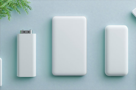 A serene arrangement of modern white USB stick and power bank showcases minimalism in technology and...