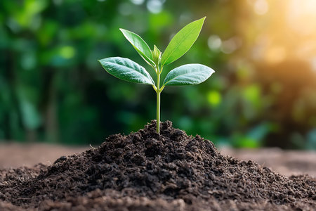 A vibrant sprout rises from rich, dark soil, illuminated by warm sunlight, symbolizing growth and...
