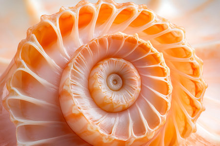 Discover the beauty of a nautilus shell showcasing intricate spiral patterns and soft peach tones,...