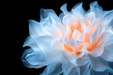 This stunning close-up showcases an ethereal flower in soft blue and orange hues, revealing delicate translucent petals against a dark background. Perfect for artistic and floral themes.の写真素材
