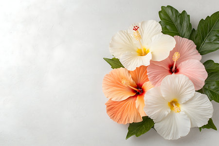 A stunning arrangement of vibrant hibiscus flowers in shades of white, pink, orange, and yellow. Accompanied by lush green leaves, perfect for decoration.の写真素材