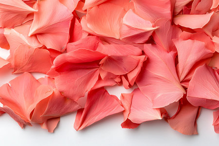 A beautiful spread of soft pink rose petals on a white surface, perfect for adding an elegant touch to various floral decorations and romantic themes.の写真素材
