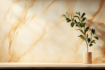 A stylish minimalist interior scene showcasing a single plant in a pot on a wooden shelf, complemented by a soft marble wall, emphasizing simplicity and elegance.の写真素材