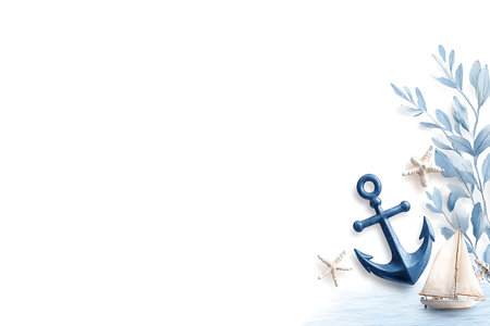 This nautical-themed image features an anchor, a sailboat, starfish, and leaves arranged on a clean white background. Perfect for design projects.の写真素材