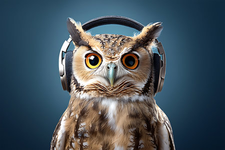 A captivating image of an owl wearing headphones, blending nature and modernity, showcasing a unique personality and playful vibes in a colorful setting.の写真素材