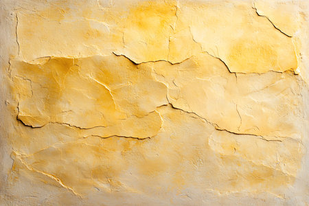 This image features a textured yellow wall displaying cracks and a unique patina, ideal for artistic backgrounds or design projects. Emphasize warmth and vintage charm.の写真素材