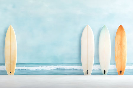 Three stylish surfboards stand against a soothing ocean wave backdrop, evoking a peaceful coastal vibe perfect for summer adventures and beach escapes.の写真素材