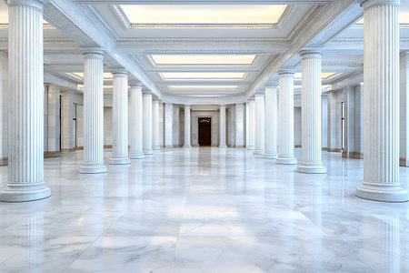 This stunning interior showcases a spacious marble hall lined with tall columns, featuring bright ceiling lights that enhance the elegance of the setting.の写真素材