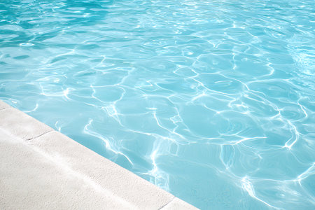A serene view of a shimmering blue water surface with gentle ripples, inviting relaxation and enjoyment by the poolside. Perfect for summer themes.の写真素材
