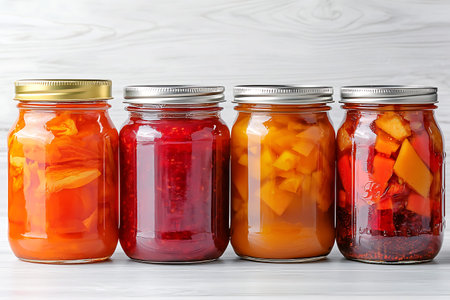 A stunning display of colorful jars filled with homemade preserves, showcasing vibrant fruits and...