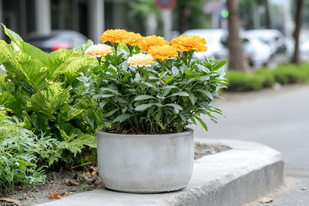 A beautiful arrangement of vibrant yellow flowers in a concrete planter enhances the urban landscape, bringing life and beauty to a city sidewalk.の写真素材