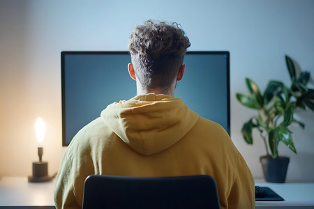 A young individual wearing a yellow hoodie sits at a modern desk, gazing at a blank monitor. A small...