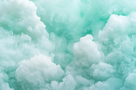 This image features soft mint green clouds billowing gently, creating a tranquil and serene atmosphere. Perfect for backgrounds, designs, or calming themes.の写真素材