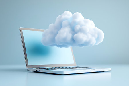 A modern laptop with a floating cloud above it symbolizes cloud computing and digital efficiency in today's tech-driven environment.の写真素材