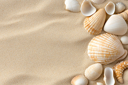 A collection of beautiful sea shells scattered over golden sandy beach, creating a serene and...