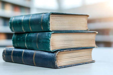 A beautifully arranged stack of vintage books, showcasing worn covers and textured pages, set in a warm library ambiance ideal for study or reflection.の写真素材
